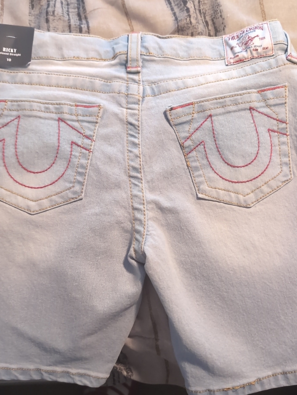 True Religion Light Blue Cropped Denim Shorts with Pink Stitching